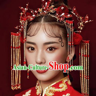 Chinese Ancient Hanfu Wedding Red Butterfly Phoenix Coronet Hair Accessories Traditional Hairpins for Women
