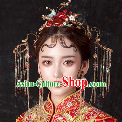 Chinese Ancient Hanfu Wedding Red Agate Phoenix Coronet Hair Accessories Traditional Hairpins for Women