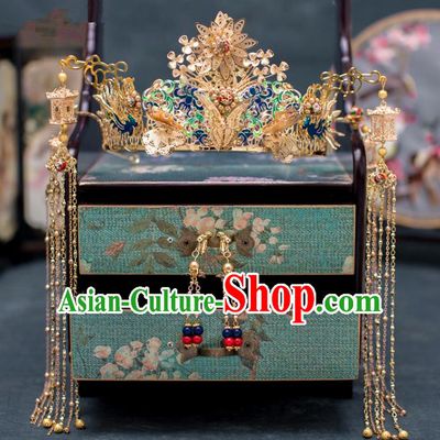 Chinese Ancient Hanfu Wedding Blueing Phoenix Coronet Hair Accessories Traditional Hairpins for Women