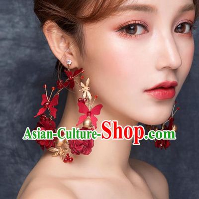 Top Grade Bride Wedding Accessories Red Rose Earrings for Women