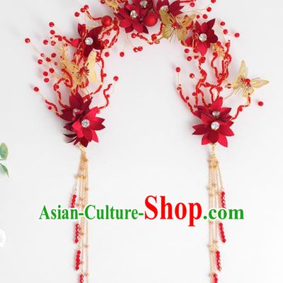 Chinese Ancient Hanfu Wedding Red Flowers Hair Clasp Hair Accessories Traditional Tassel Hairpins for Women