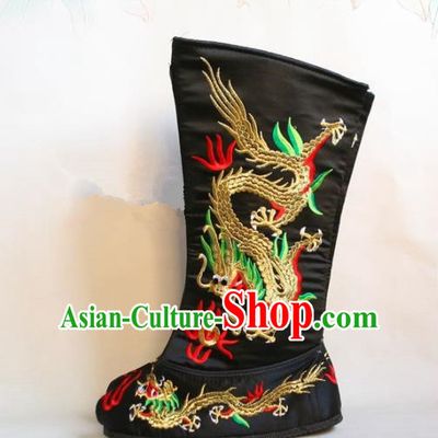 Chinese Traditional Beijing Opera Emperor Shoes Beijing Opera Takefu Black Embroidered Boots for Men