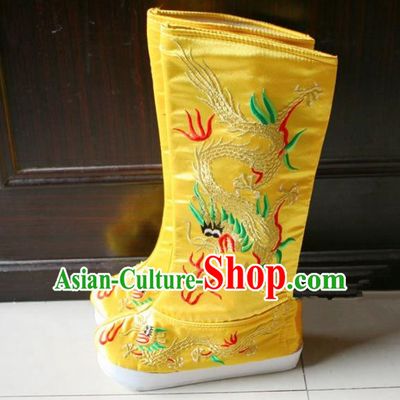 Chinese Traditional Beijing Opera Emperor Shoes Beijing Opera Takefu Yellow Embroidered Boots for Men