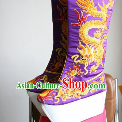 Chinese Traditional Beijing Opera Emperor Shoes Beijing Opera Takefu Purple Embroidered Boots for Men