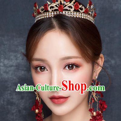 Top Grade Wedding Hair Accessories Bride Retro Red Rose Royal Crown for Women