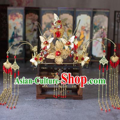 Chinese Ancient Tassel Butterfly Phoenix Coronet Wedding Hair Accessories Traditional Hairpins for Women