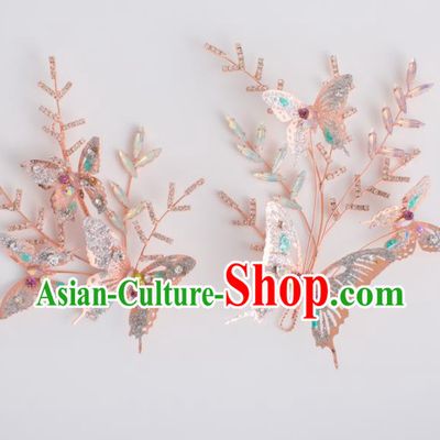Top Grade Bride Wedding Hair Accessories Pink Butterfly Hair Sticks for Women