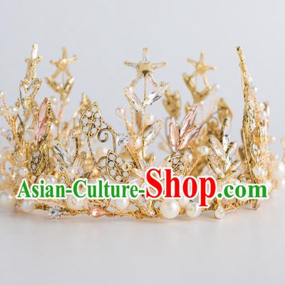 Top Grade Wedding Hair Accessories Bride Retro Golden Pearls Round Royal Crown for Women