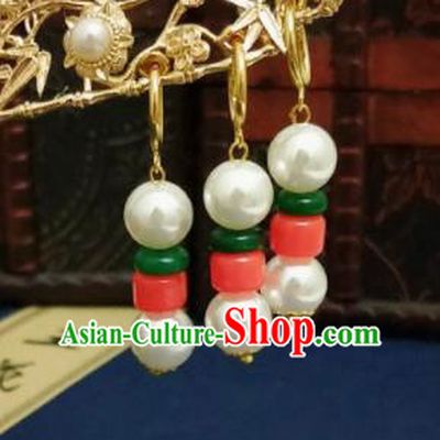 Chinese Ancient White Pearls Earrings Qing Dynasty Manchu Palace Lady Ear Accessories for Women