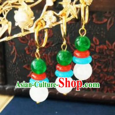 Chinese Ancient White and Green Beads Earrings Qing Dynasty Manchu Palace Lady Three Strings Ear Accessories for Women