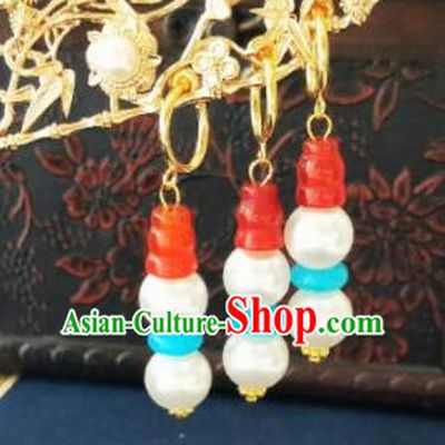 Chinese Ancient Agate White Beads Earrings Qing Dynasty Manchu Palace Lady Three Strings Ear Accessories for Women