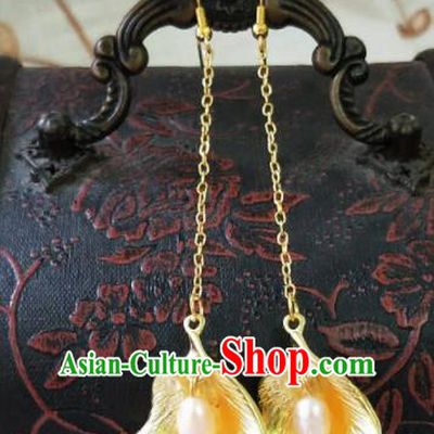 Chinese Ancient Pearls Golden Earrings Qing Dynasty Manchu Palace Lady Ear Accessories for Women