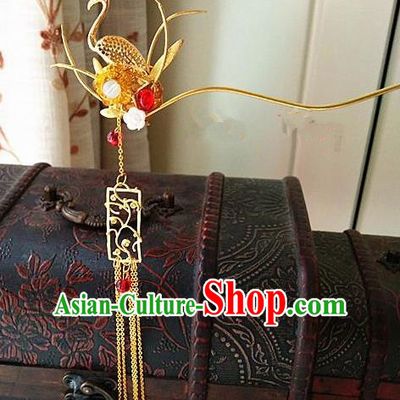 Chinese Ancient Qing Dynasty Hair Accessories Palace Crane Tassel Hairpins for Women