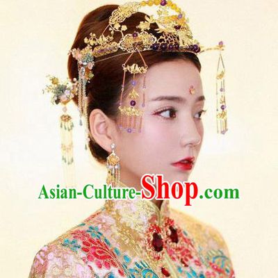 Chinese Traditional Wedding Bride Phoenix Coronet Ancient Hair Accessories Hairpins for Women