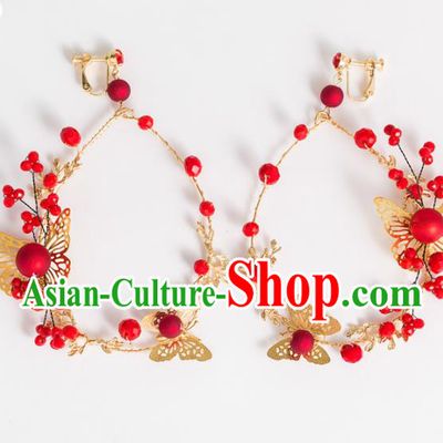 Top Grade Chinese Bride Wedding Accessories Red Beads Butterfly Earrings for Women