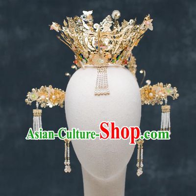 Chinese Traditional Wedding Bride Golden Phoenix Coronet Hair Accessories Ancient Hairpins for Women