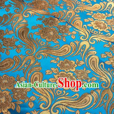 Asian Chinese Blue Brocade Traditional Peony Pattern Fabric Silk Fabric Chinese Fabric Material