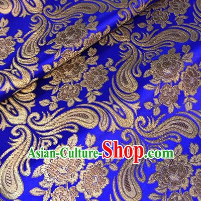 Asian Chinese Royalblue Brocade Traditional Peony Pattern Fabric Silk Fabric Chinese Fabric Material