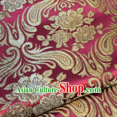 Asian Chinese Wine Red Brocade Traditional Peony Pattern Fabric Silk Fabric Chinese Fabric Material