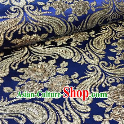 Asian Chinese Navy Brocade Traditional Peony Pattern Fabric Silk Fabric Chinese Fabric Material