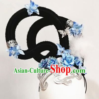 Chinese Traditional Beijing Opera Diva Hair Accessories Classical Dance Wig and Blue Flowers Headwear for Women