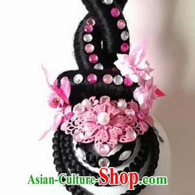 Chinese Traditional Beijing Opera Diva Hair Accessories Classical Dance Wig and Pink Flowers Headwear for Women