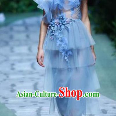 Top Grade Modern Fancywork Costumes Catwalks Blue Veil Dress for Women