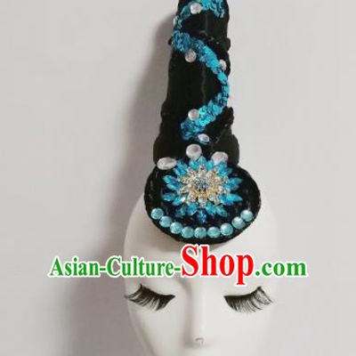 Chinese Traditional Classical Dance Blue Crystal Hair Accessories Folk Dance Headwear and Wig for Women