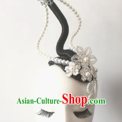 Chinese Traditional Classical Dance Pearls Hair Accessories Folk Dance Headwear and Wig for Women