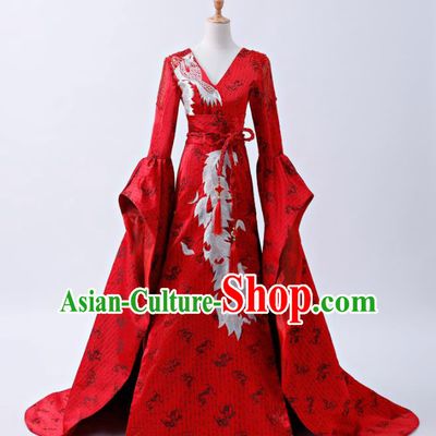 Chinese Traditional Red Cheongsam Compere Costume Full Dress for Women