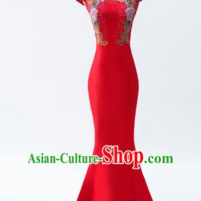 Chinese Traditional National Cheongsam Compere Costume Red Full Dress for Women