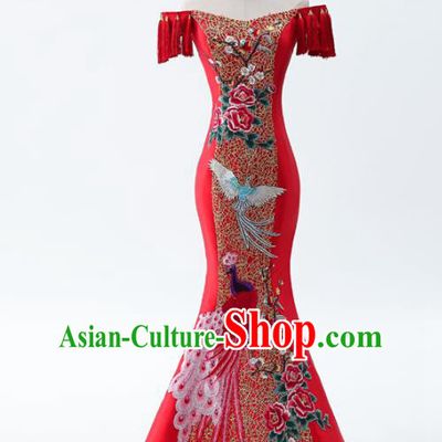 Chinese Traditional National Cheongsam Compere Costume Mermaid Red Full Dress for Women