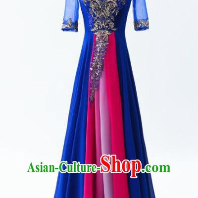 Chinese Traditional National Cheongsam Compere Chorus Costume Blue Full Dress for Women