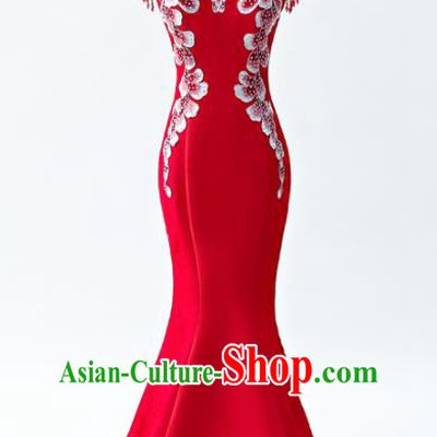 Chinese Traditional National Wedding Cheongsam Compere Chorus Costume Red Full Dress for Women