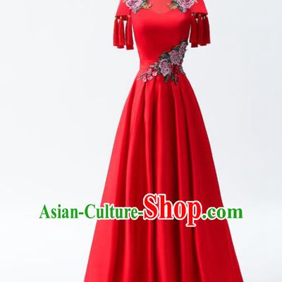 Chinese Traditional National Cheongsam Compere Chorus Costume Red Full Dress for Women
