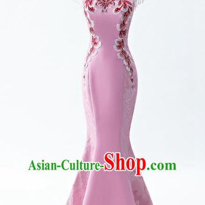 Chinese Traditional National Wedding Cheongsam Compere Chorus Costume Pink Full Dress for Women
