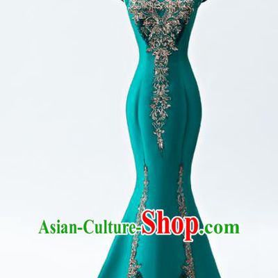 Chinese Traditional National Wedding Cheongsam Compere Chorus Costume Green Full Dress for Women