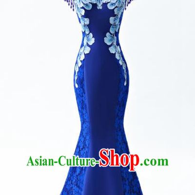 Chinese Traditional National Wedding Cheongsam Compere Chorus Costume Royalblue Full Dress for Women