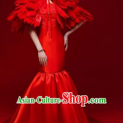 Top Grade Red Feather Mermaid Full Dress Compere Chorus Costume for Women