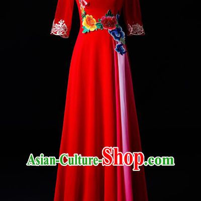 Chinese Traditional National Red Cheongsam Compere Chorus Costume Folk Dance Full Dress for Women
