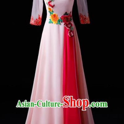 Chinese Traditional National Pink Cheongsam Compere Chorus Costume Folk Dance Full Dress for Women