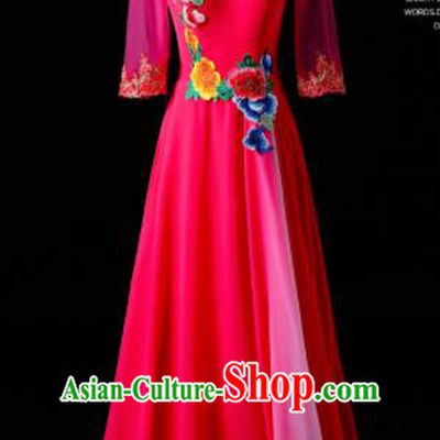Chinese Traditional National Rosy Cheongsam Compere Chorus Costume Folk Dance Full Dress for Women