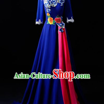 Chinese Traditional National Royalblue Cheongsam Compere Chorus Costume Folk Dance Full Dress for Women