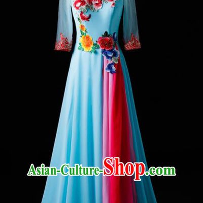 Chinese Traditional National Blue Cheongsam Compere Chorus Costume Folk Dance Full Dress for Women