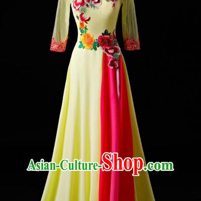 Chinese Traditional National Yellow Cheongsam Compere Chorus Costume Folk Dance Full Dress for Women