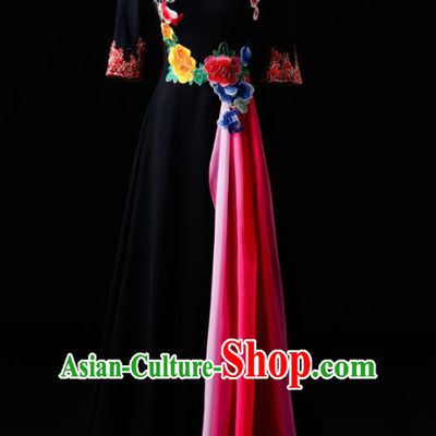 Chinese Traditional National Black Cheongsam Compere Chorus Costume Folk Dance Full Dress for Women