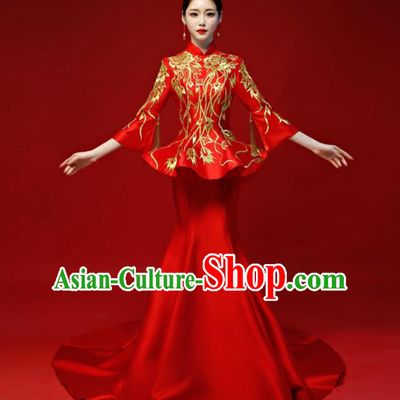 Chinese Traditional National Wedding Cheongsam Compere Chorus Costume Red Full Dress for Women