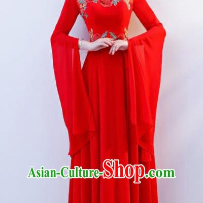 Chinese Traditional National Wedding Red Cheongsam Compere Chorus Costume Full Dress for Women