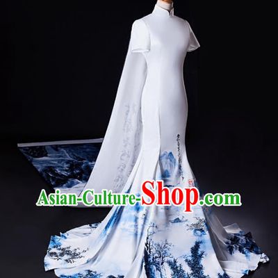 Chinese Traditional National Cheongsam Compere Chorus Costume White Full Dress for Women