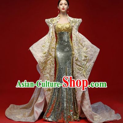 Top Grade Catwalks Golden Trailing Full Dress Compere Chorus Costume for Women
